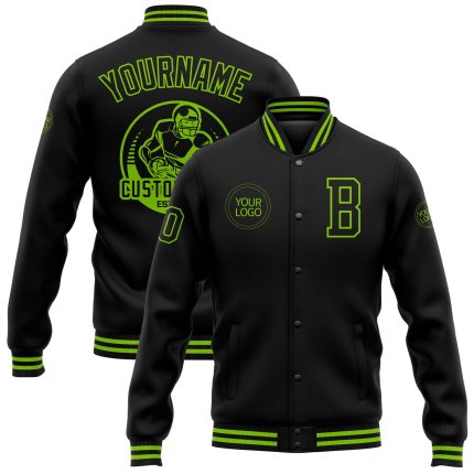 Custom Black Neon Green Varsity Letterman Bomber Jacket - Full-Snap Style Personalized Black Neon Green Bomber Full-Snap