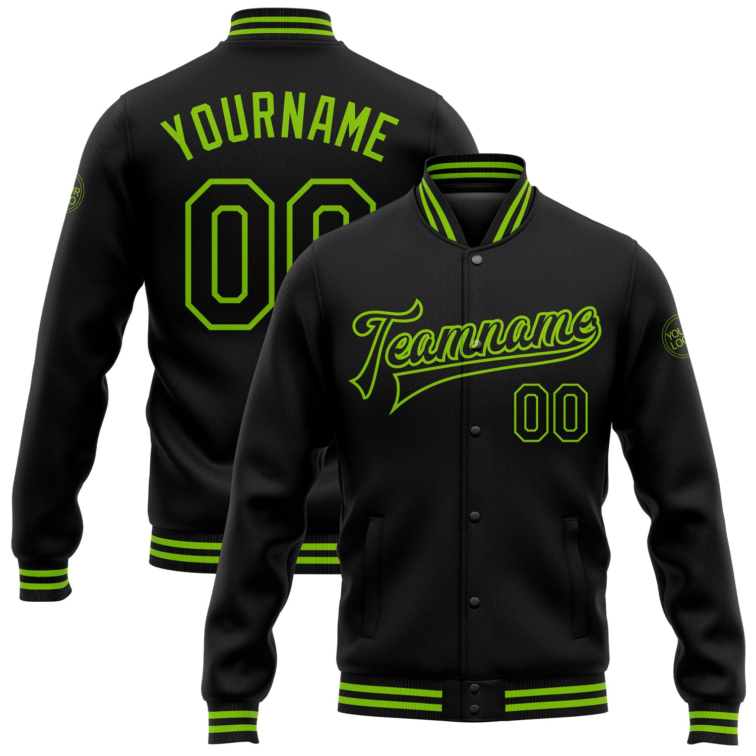 Custom Team Name Number Black Green Bomber Full-Snap Varsity Jacket Personalized Letterman Jacket Personalized Black Neon