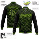 Custom Black Neon Green Check Tiger 3D Pattern Varsity Letterman Bomber Jacket with Personalized Name and Number Personalized