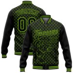 Custom Black Neon Green Check Tiger 3D Pattern Varsity Letterman Bomber Jacket with Personalized Name and Number Personalized