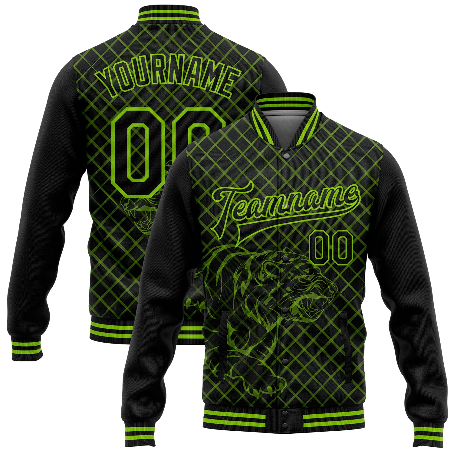 Custom Black Neon Green Check Tiger 3D Pattern Varsity Letterman Bomber Jacket with Personalized Name and Number Personalized