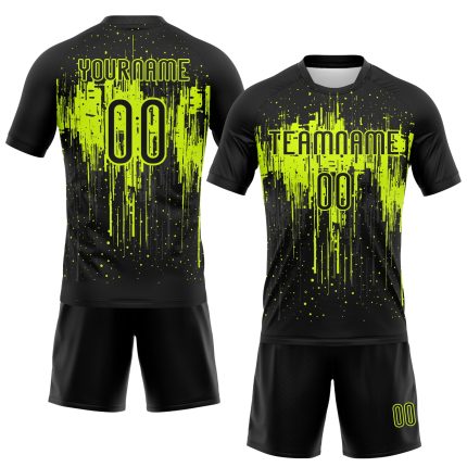 Personalized Neon Green Dripping Splatter Art Volleyball Uniform Jersey in Black Personalized Black Neon Green Dripping Splatter