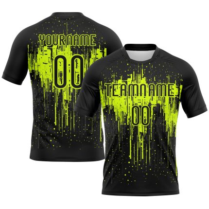 Personalized Neon Green Dripping Splatter Art Volleyball Uniform Jersey in Black Personalized Black Neon Green Dripping Splatter