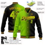 Personalized Black Neon Green Gold Bomber Jacket Gradient Fashion Varsity Letterman Full-Snap Personalized Black Neon Green-Gold