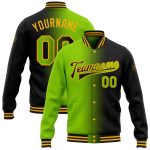 Personalized Black Neon Green Gold Bomber Jacket Gradient Fashion Varsity Letterman Full-Snap Personalized Black Neon Green-Gold
