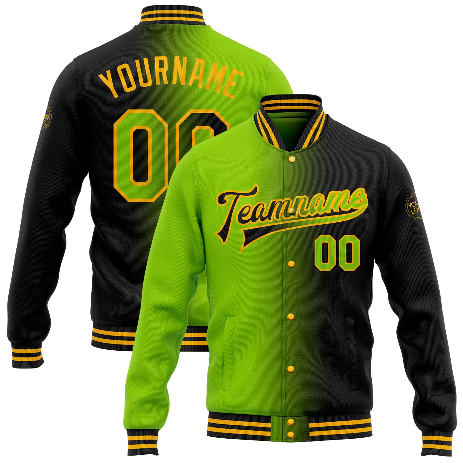 Personalized Black Neon Green Gold Bomber Jacket Gradient Fashion Varsity Letterman Full-Snap Personalized Black Neon Green-Gold