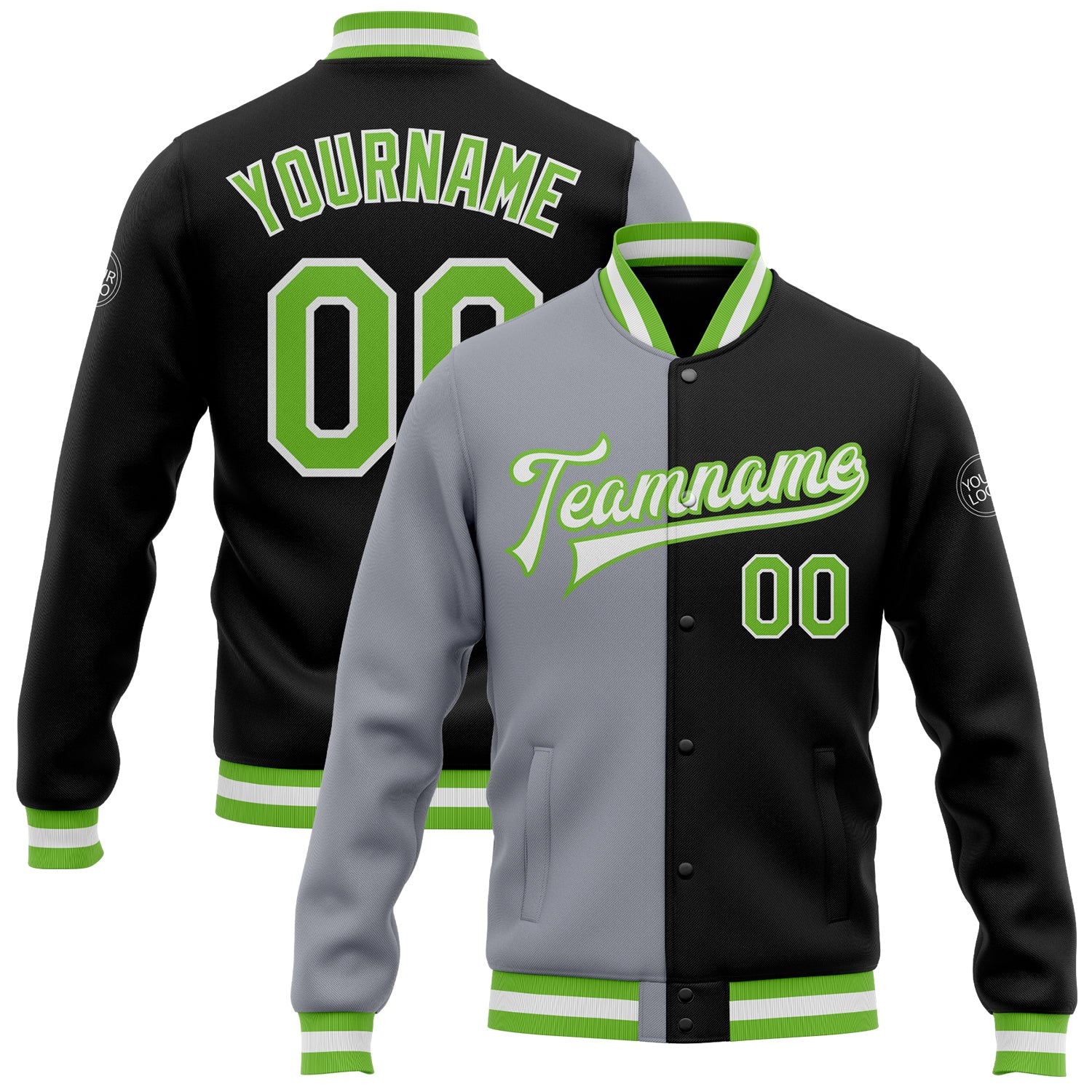 Custom Team Bomber Jacket with Name and Number - Black Neon Green Gray Full-Snap Varsity Letterman Fashion Outerwear Personalized