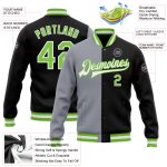 Custom Team Bomber Jacket with Name and Number - Black Neon Green Gray Full-Snap Varsity Letterman Fashion Outerwear Personalized