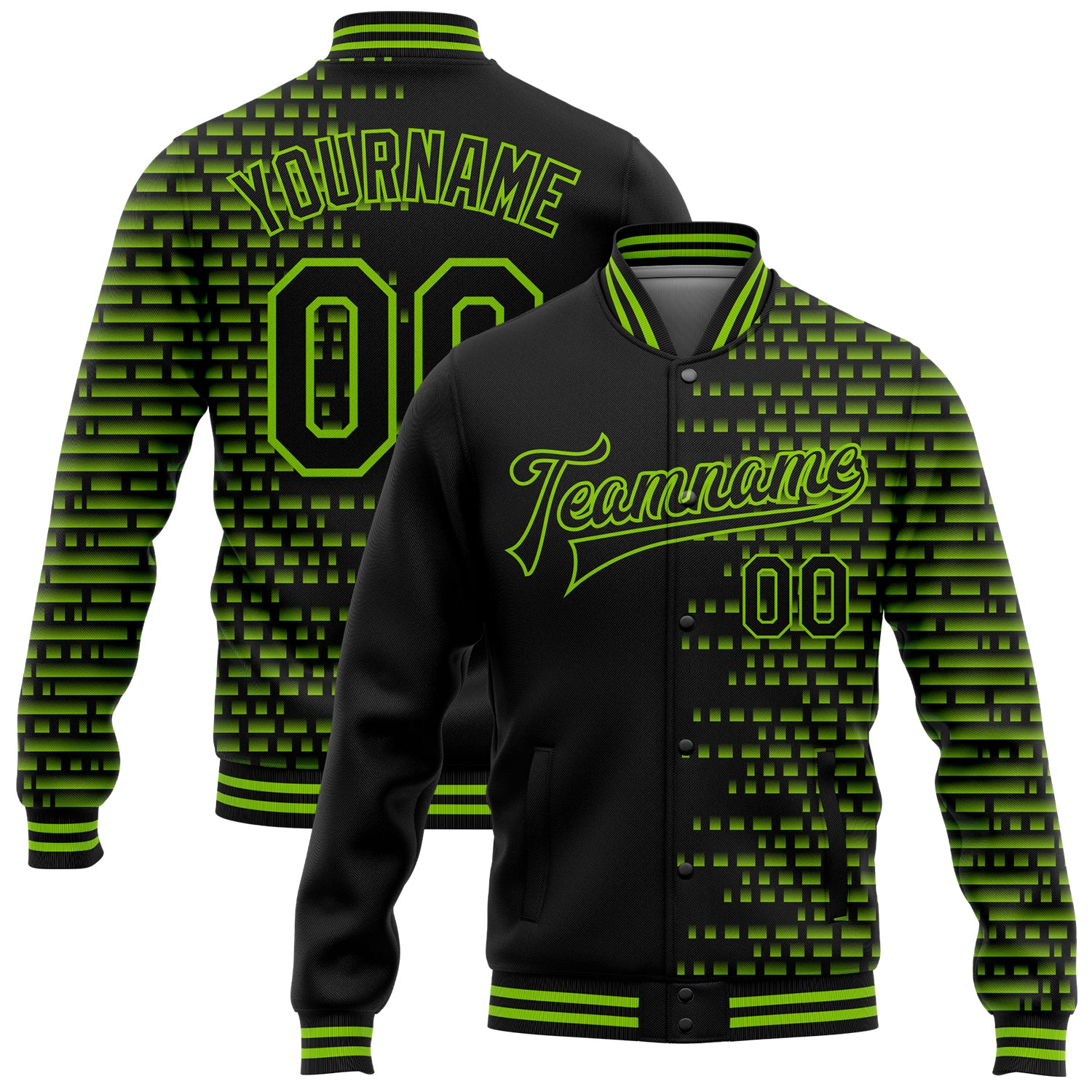 Custom Personalized Neon Green 3D Halftone Bomber Jacket with Name & Number - Varsity Full-Snap Design Personalized Black