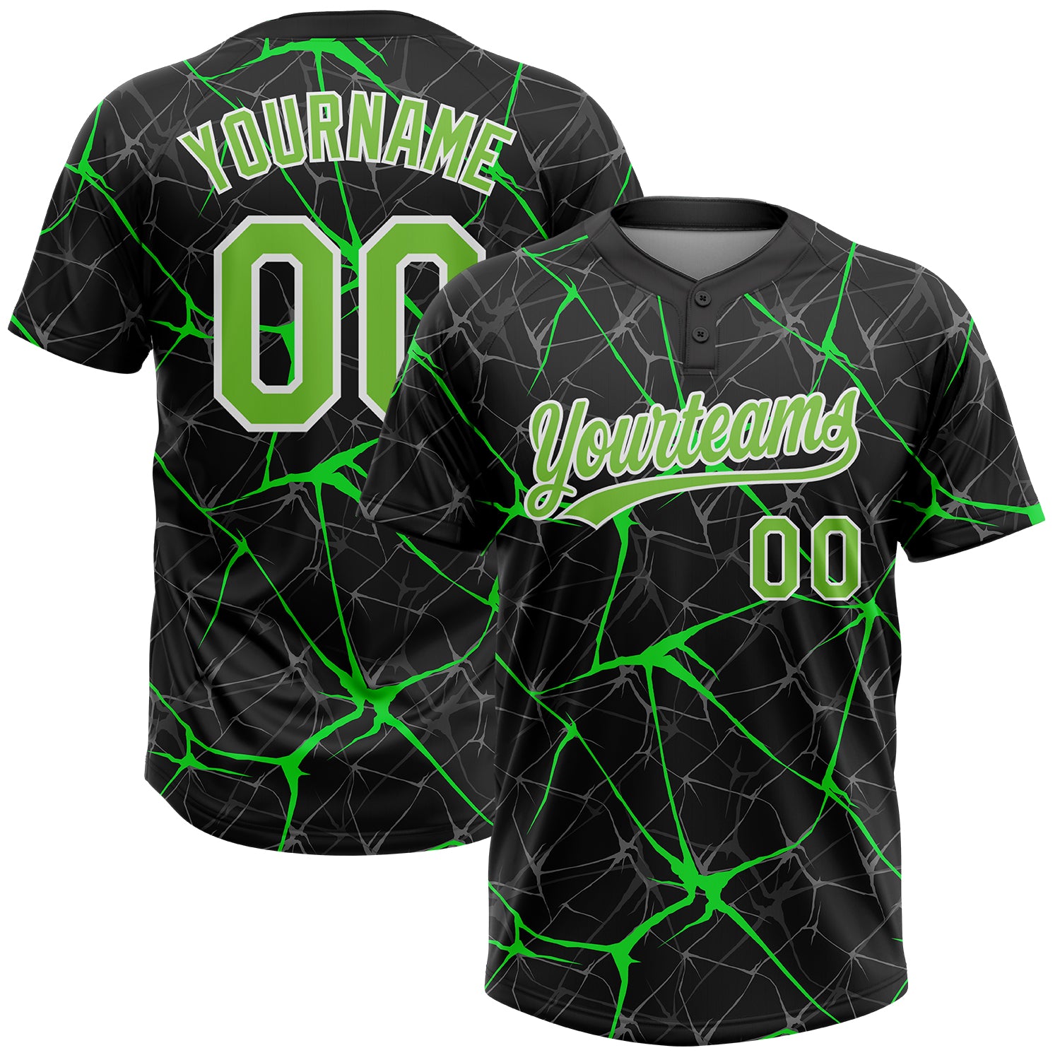 Personalized 3D Softball Jersey in Black Neon Green Kelly Green, Unisex, Two-Button Design Personalized Black Neon Green-Kelly