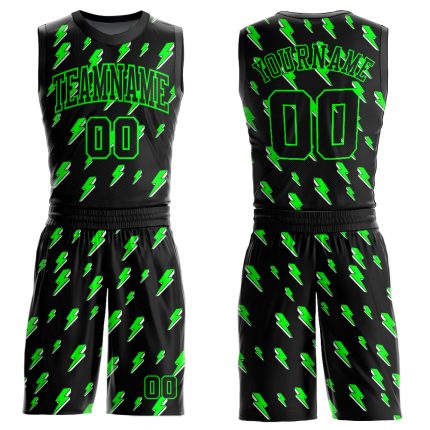 Custom Basketball Jersey with Neon Green Lightning Design - Personalized Round Neck Suit with Name and Number Personalized