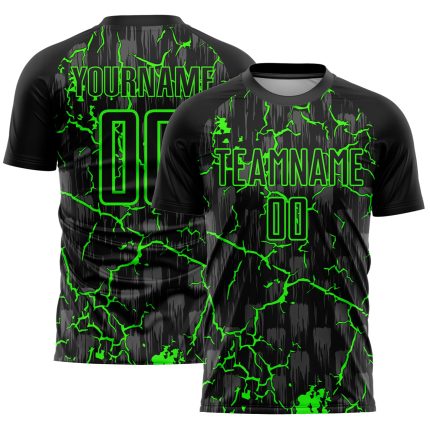 Personalized Neon Green Lightning Soccer Jersey - Black Sublimation Uniform Personalized Black Neon Green Lightning Sublimation
