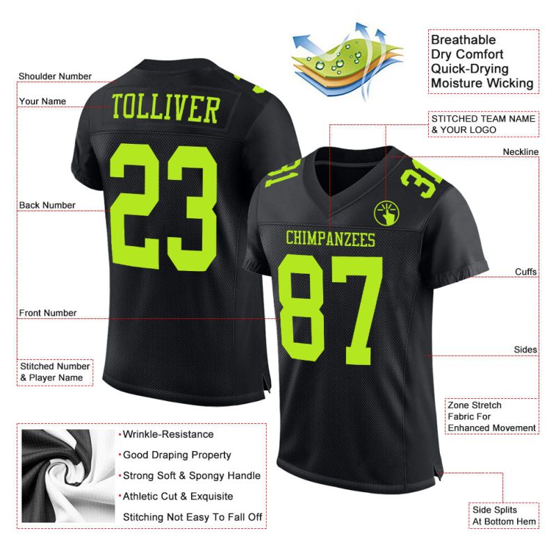 Custom Personalized Black Neon Green Mesh Football Jersey with Team Name & Number Personalized Black Neon Green Mesh Authentic