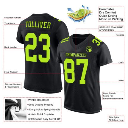 Custom Black Neon Green Football Jersey - Personalized Mesh Sports Apparel Personalized Black Neon Green Mesh Football Jersey