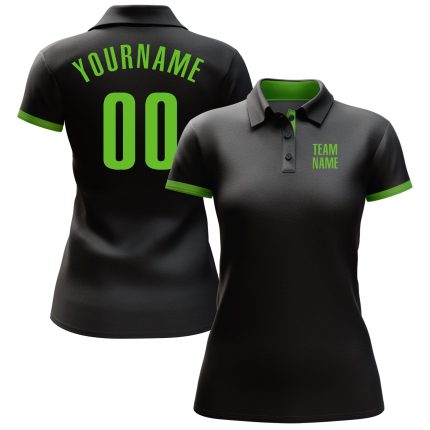 Custom Team Name Number Black Neon Green Performance Golf Polo Shirt Personalized Black Neon Green Performance Golf Polo