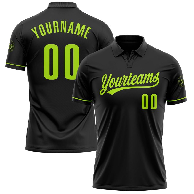 Custom Neon Green Black Performance Golf Polo Shirt with Personalized Name and Number Personalized Black Neon Green Performance