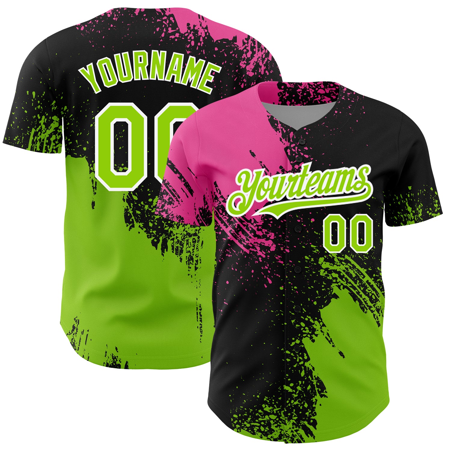 Personalized 3D Abstract Brush Stroke Baseball Jersey in Black Neon Green-Pink Personalized Black Neon Green-Pink 3D Abstract