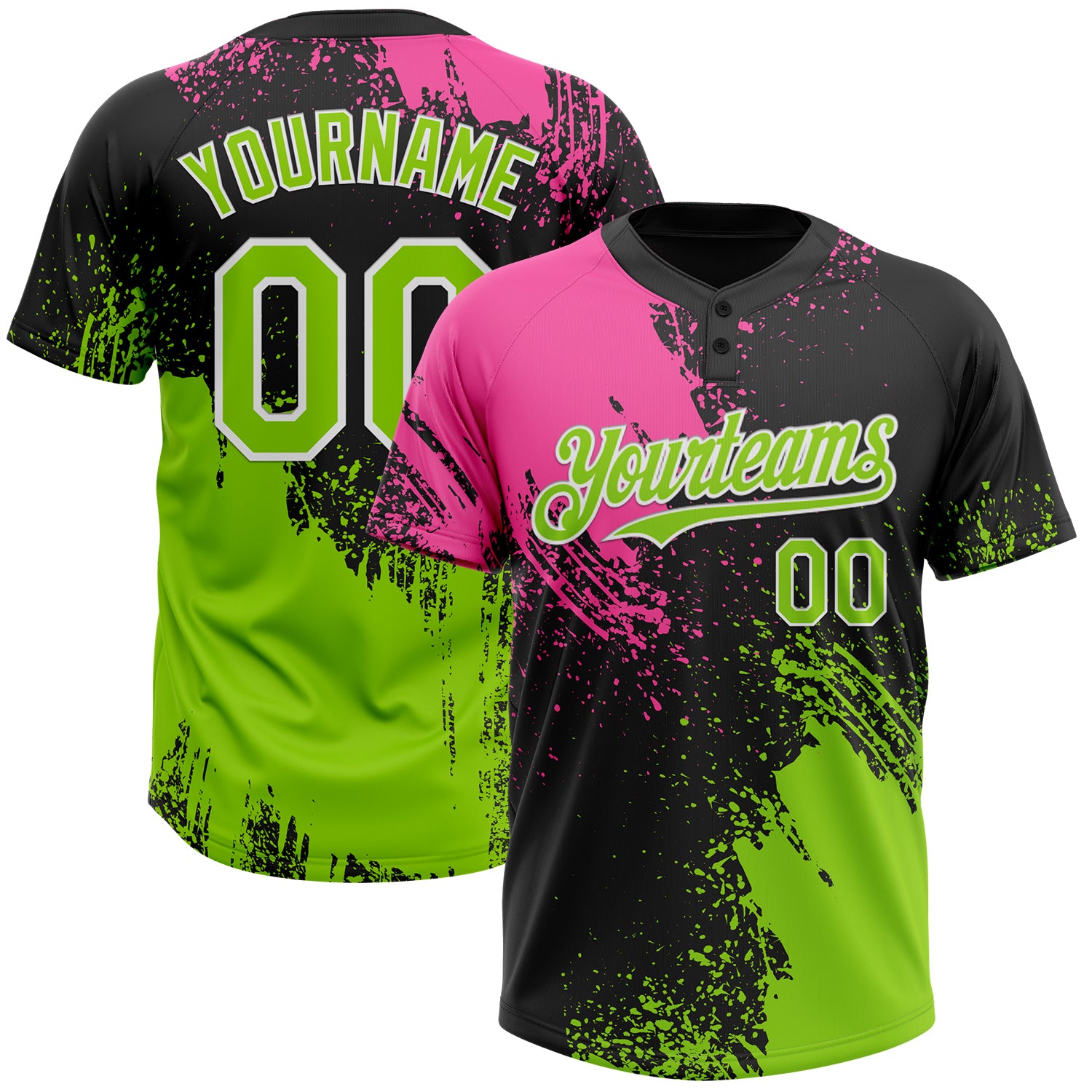 Personalized Softball Jersey Unisex 3D Abstract Brush Stroke Black Neon Green-Pink Two-Button Design Personalized Black Neon