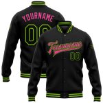 Personalized Neon Green-Pink Black Varsity Letterman Jacket - Full-Snap Bomber Style Personalized Black Neon Green-Pink Bomber