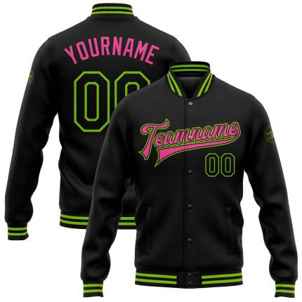 Personalized Neon Green-Pink Black Varsity Letterman Jacket - Full-Snap Bomber Style Personalized Black Neon Green-Pink Bomber