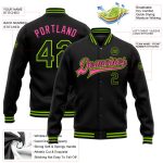Custom Personalized Bomber Jacket with Black Neon Green-Pink Design, Team Name & Number, Full-Snap Varsity Letterman Style