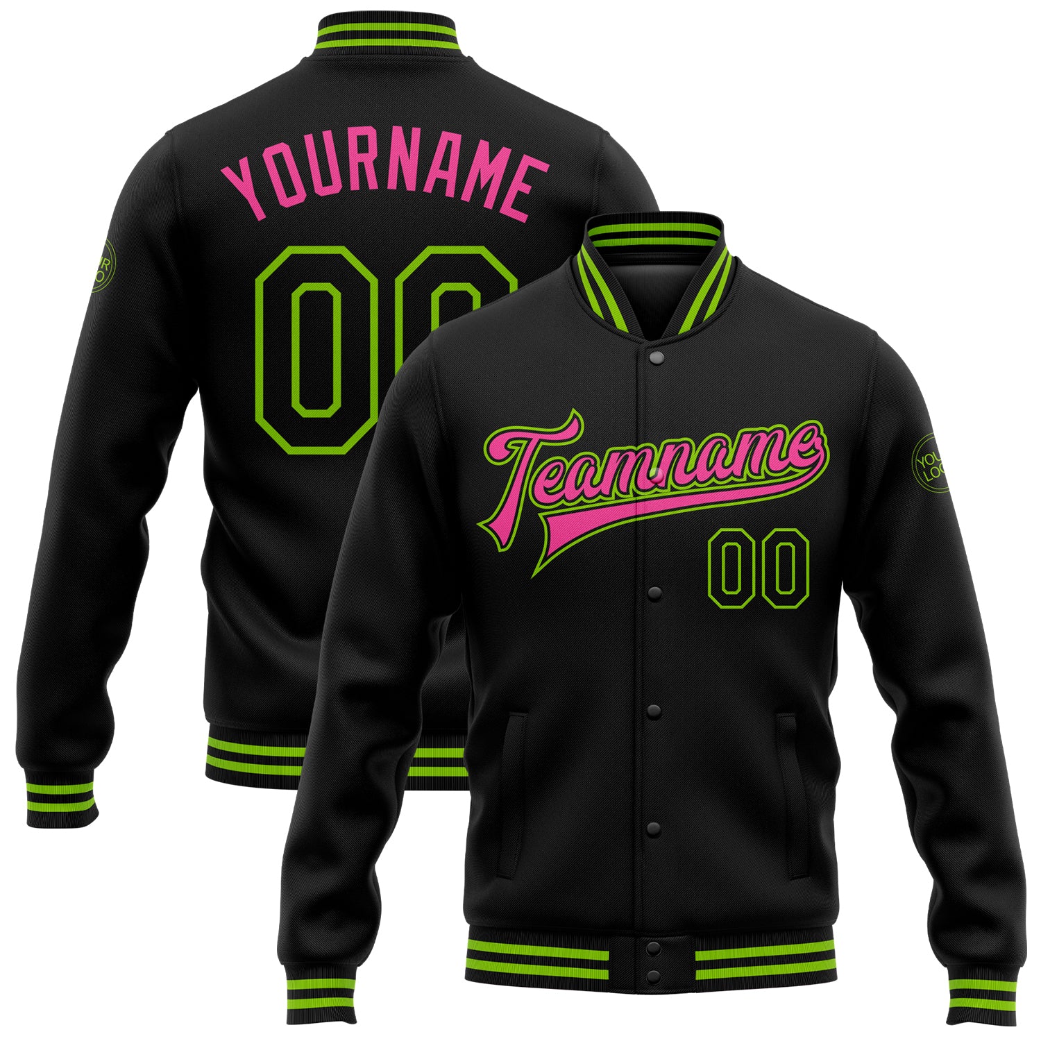 Custom Personalized Bomber Jacket with Black Neon Green-Pink Design, Team Name & Number, Full-Snap Varsity Letterman Style