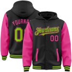 Custom Name Number Varsity Bomber Hoodie Jacket Black Neon Green-Pink Full-Snap Two Tone for Team Personalized Black Neon