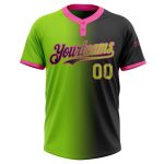Personalized Neon Green-Pink Gradient Softball Jersey for Unisex, Two-Button Style, Black Base, Comfortable Fit Personalized