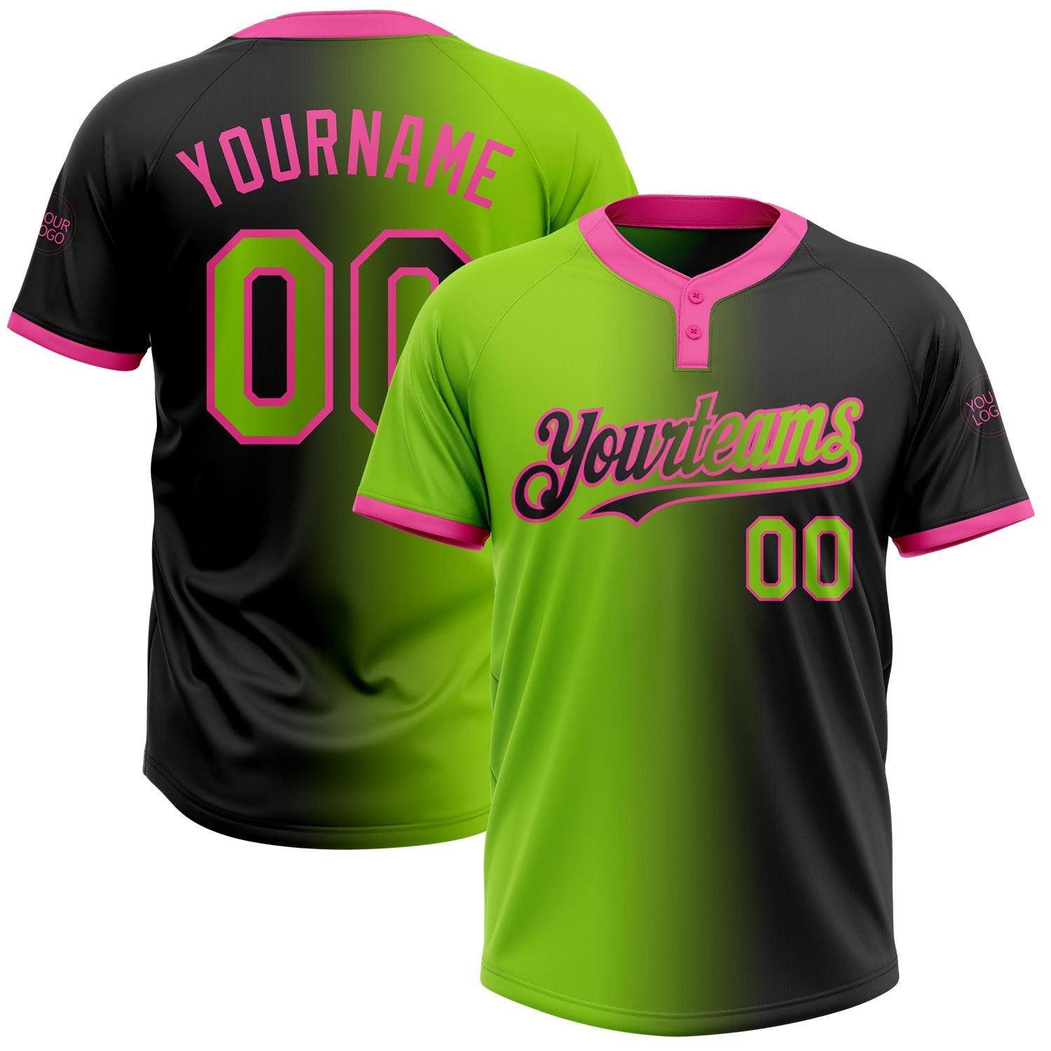 Personalized Neon Green-Pink Gradient Softball Jersey for Unisex, Two-Button Style, Black Base, Comfortable Fit Personalized