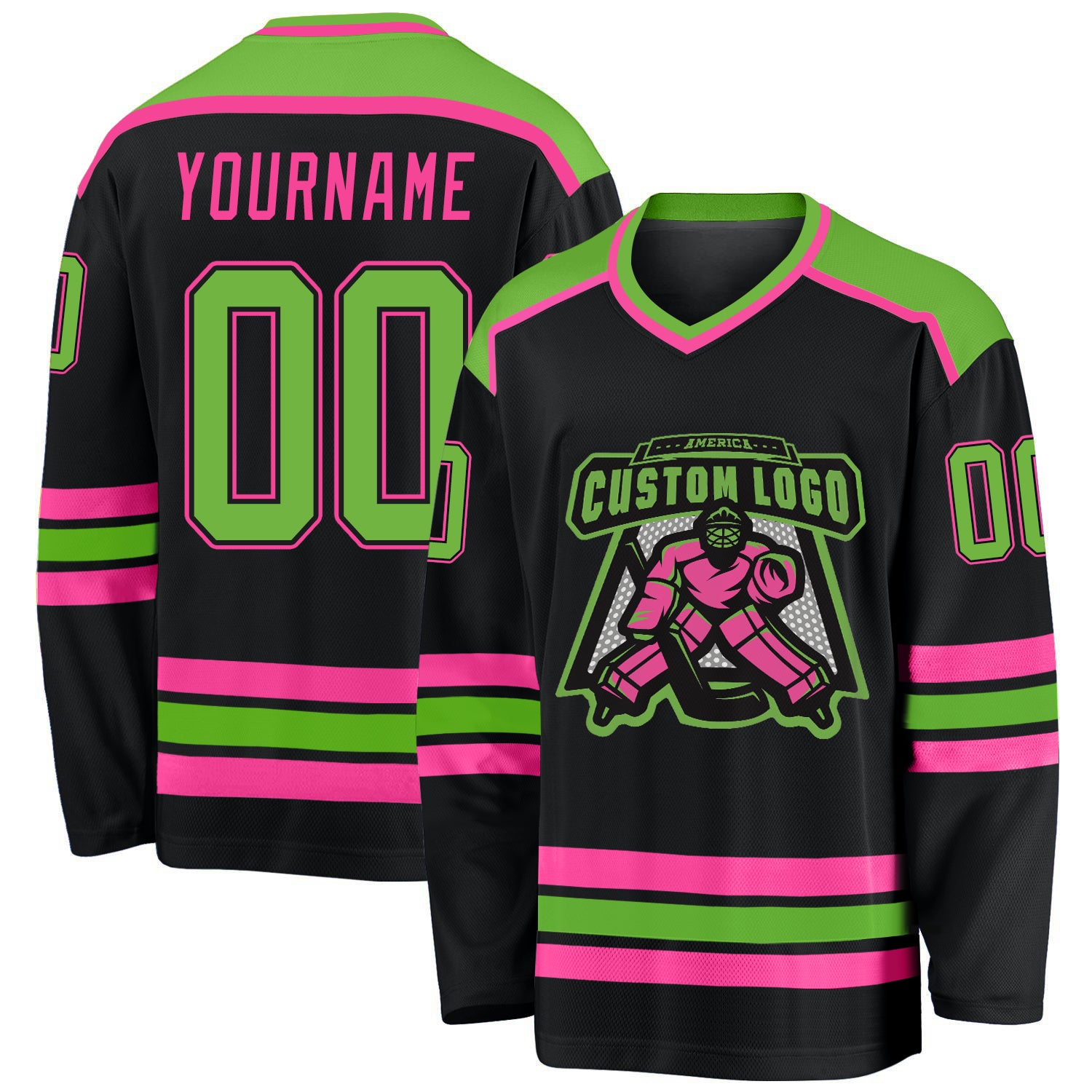 Custom Personalized Hockey Jersey with Black Neon Green-Pink Design - Team Name & Number Personalized Black Neon Green-Pink
