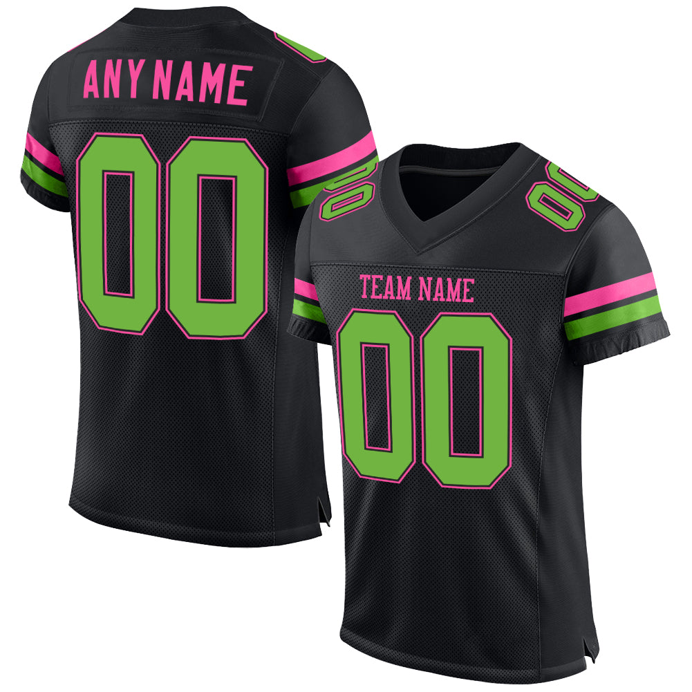 Custom Neon Green-Pink Football Jersey with Personalized Name & Number - Authentic Black Mesh Team Shirt Personalized Black