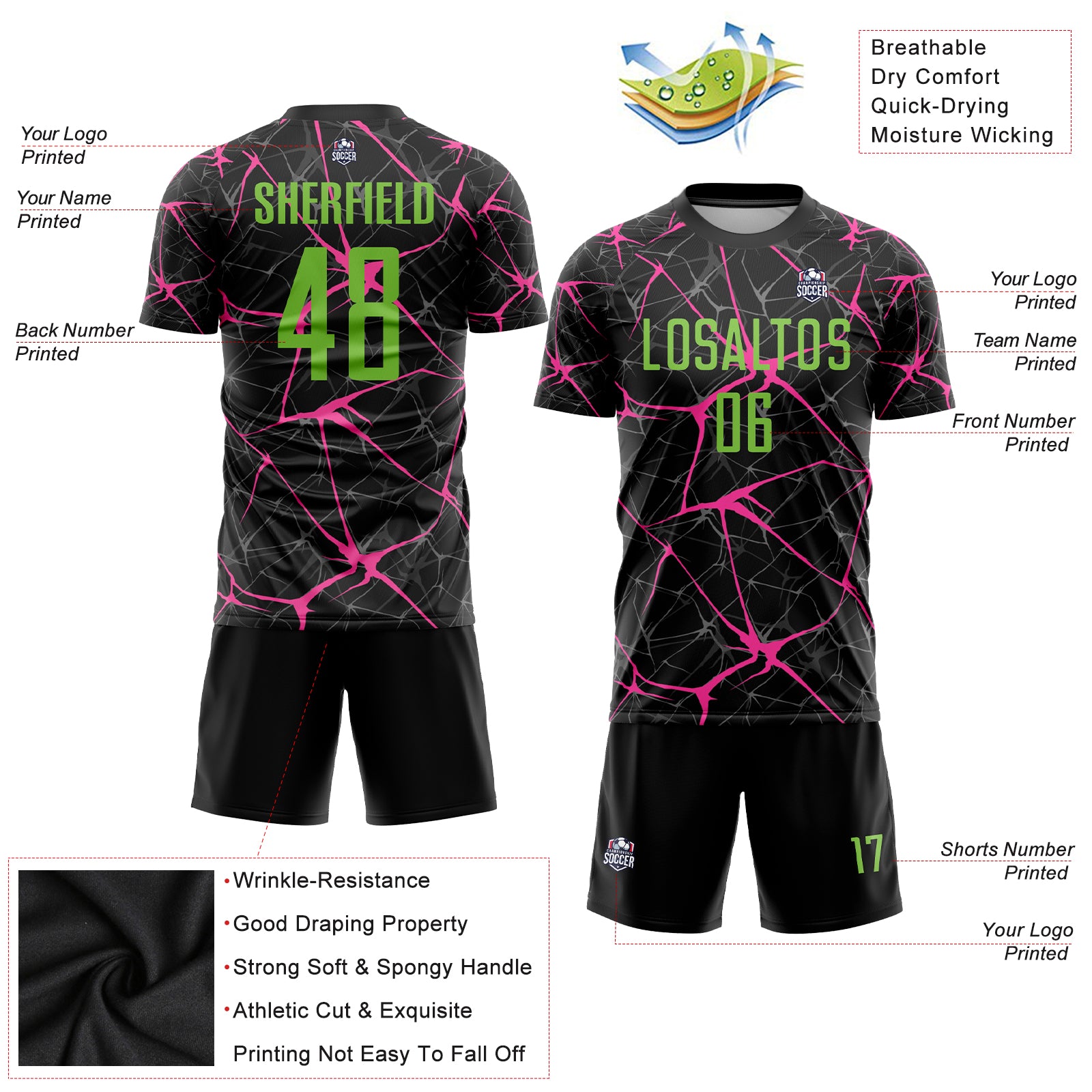 Personalized Black Neon Green-Pink Sublimation Soccer Uniform Jersey Team Custom Name and Number Personalized Sublimation Soccer Jersey with Custom Name & Number in Black Neon Green and Pink - Team Uniform Personalized - Image 3