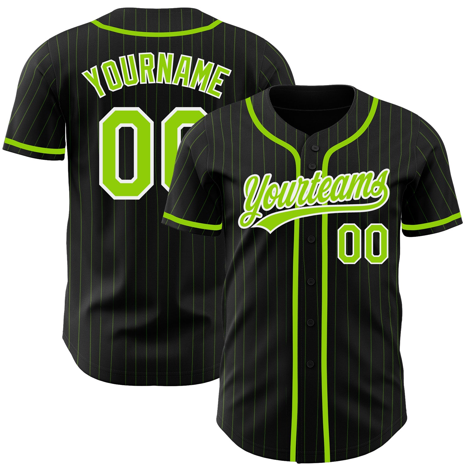 Personalized Neon Green Pinstripe Baseball Jersey in Black - Customizable Athletic Wear Personalized Black Neon Green Pinstripe