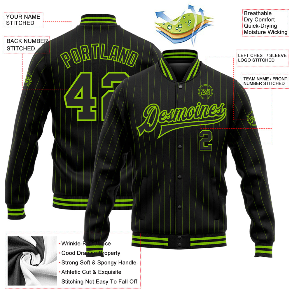 Personalized Black Neon Green Pinstripe Neon Green Bomber Full-Snap Varsity Letterman Jacket Team Custom Name and Number Custom Team Name Number Black Green Pinstripe Varsity Bomber Full-Snap Jacket for Men Personalized Black Neon Green Pinstripe - Image 3