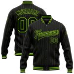 Custom Team Name Number Black Green Pinstripe Varsity Bomber Full-Snap Jacket for Men Personalized Black Neon Green Pinstripe