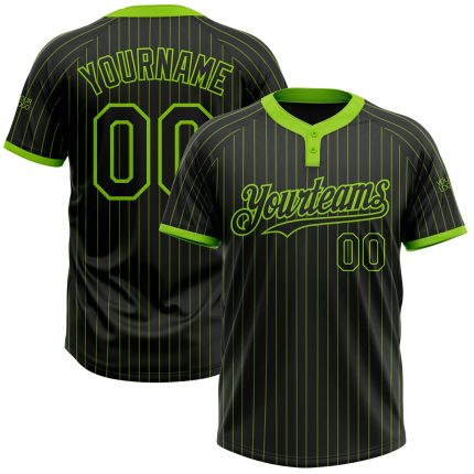 Personalized Black Neon Green Two-Button Unisex Softball Jersey with Pinstripe Design Personalized Black Neon Green Pinstripe