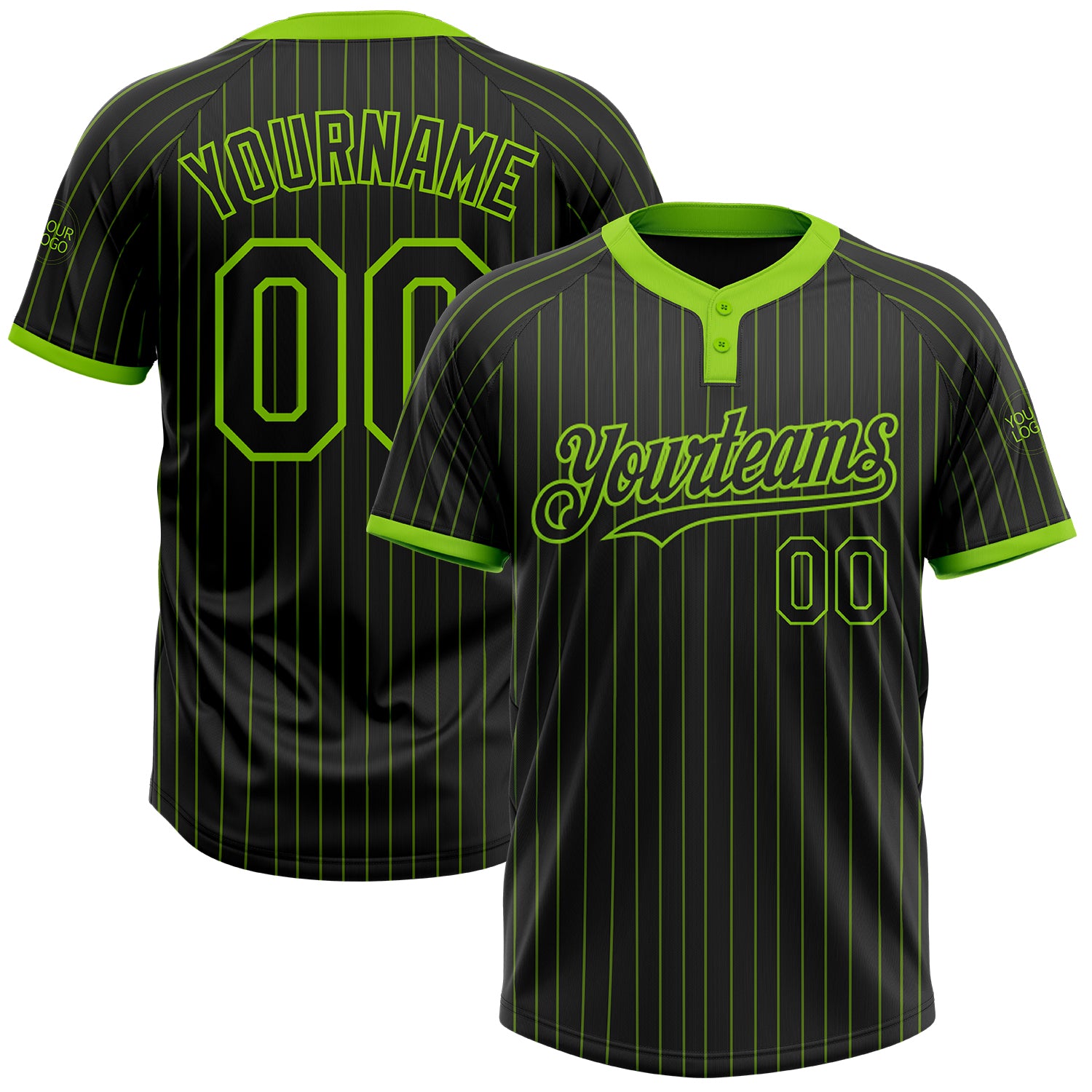Custom Name and Number Unisex Softball Jersey in Black Neon Green Pinstripe - Two-Button Design Personalized Black Neon Green