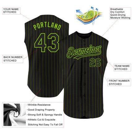 Custom Personalized Black Neon Green Baseball Jersey with Pink Pinstripes, Sleeveless Design, Team Name and Number Personalized