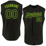 Custom Personalized Black Neon Green Baseball Jersey with Pink Pinstripes, Sleeveless Design, Team Name and Number Personalized