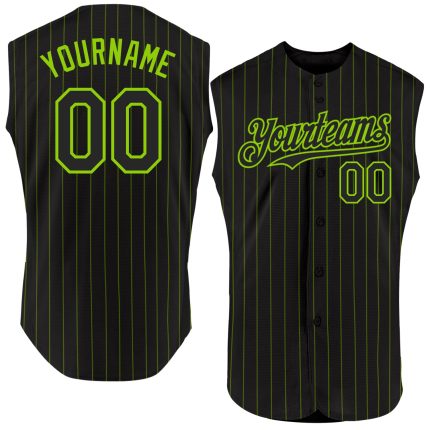 Custom Personalized Black Neon Green Baseball Jersey with Pink Pinstripes, Sleeveless Design, Team Name and Number Personalized