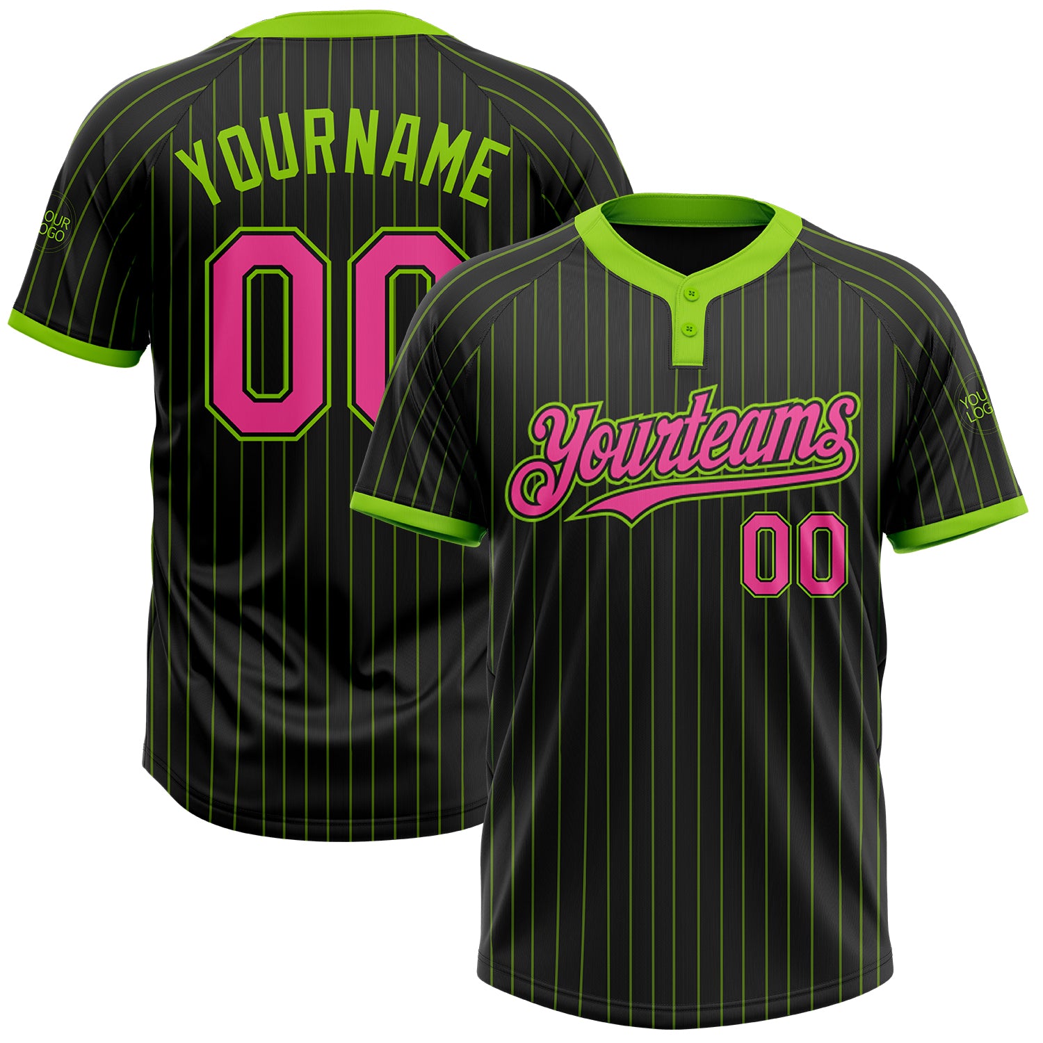 Custom Name and Number Personalized Softball Jersey in Black Neon Green Pinstripe - Unisex Two-Button Design Personalized