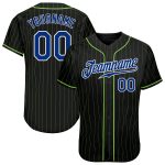 Personalized Black Neon Green Pinstripe Baseball Jersey - Royal & White Design Personalized Black Neon Green Pinstripe Royal-White