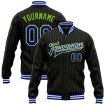 Custom Team Name Number Bomber Jacket Black Neon Green Pinstripe Royal White Full-Snap Varsity Letterman Personalized Black
