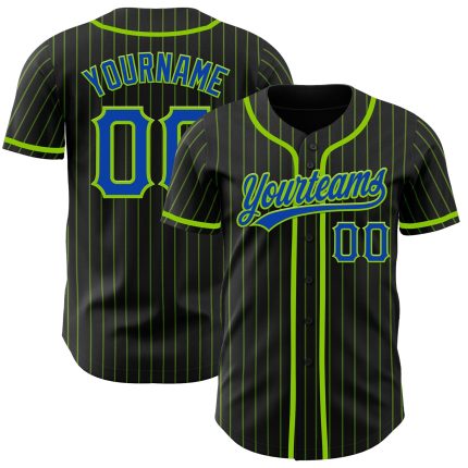 Personalized Neon Green Pinstripe Baseball Jersey - Black Thunder Blue Color Personalized Black Neon Green Pinstripe Thunder