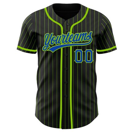 Personalized Neon Green Pinstripe Baseball Jersey - Black Thunder Blue Color Personalized Black Neon Green Pinstripe Thunder