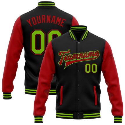 Custom Team Name Number Bomber Jacket Two Tone Black Neon Green-Red Full-Snap Varsity Letterman Personalized Black Neon Green-Red