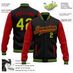 Custom Team Name Number Bomber Jacket Two Tone Black Neon Green-Red Full-Snap Varsity Letterman Personalized Black Neon Green-Red