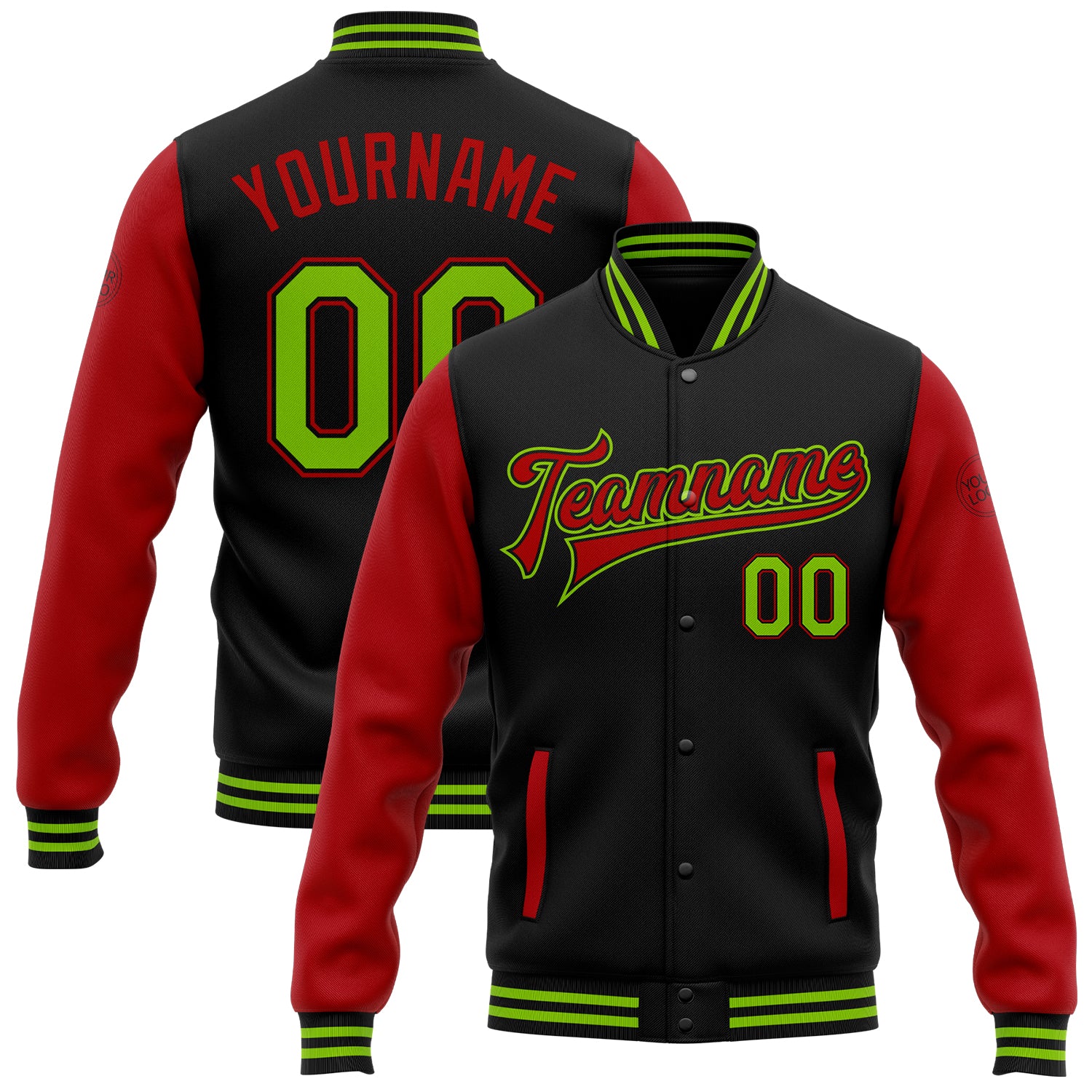 Personalized Neon Green Red Bomber Varsity Letterman Two Tone Jacket Full-Snap Black Personalized Black Neon Green-Red Bomber