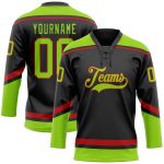 Personalized Hockey Jersey in Black with Neon Green and Red Lace Neck Design Personalized Black Neon Green-Red Hockey Lace