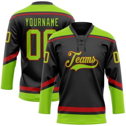 Personalized Hockey Jersey in Black with Neon Green and Red Lace Neck Design Personalized Black Neon Green-Red Hockey Lace